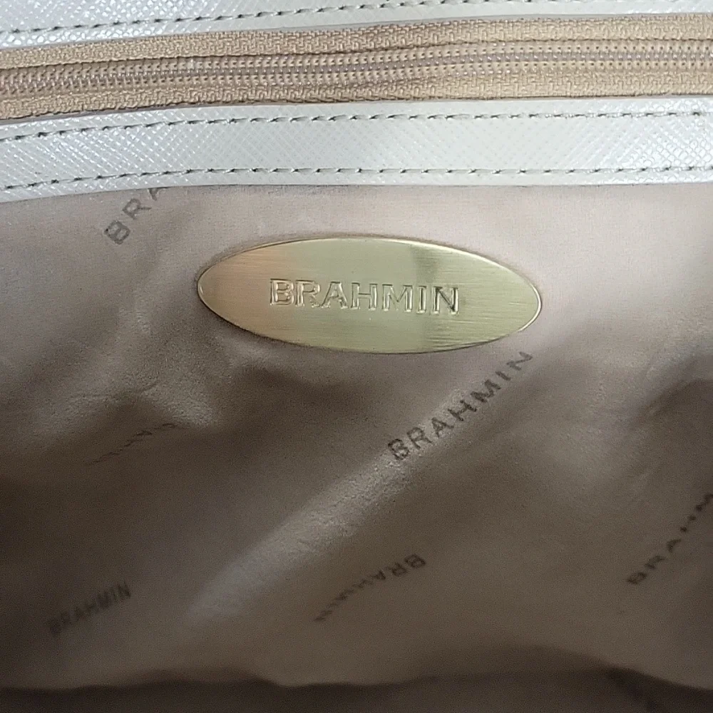 Brahmin Cream/Orange Croc Embossed Leather Dome Satchel Bag